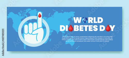 world diabetes day awareness Horizontal web banner vector template with Blood Drop, hand and blue circle vector template design
