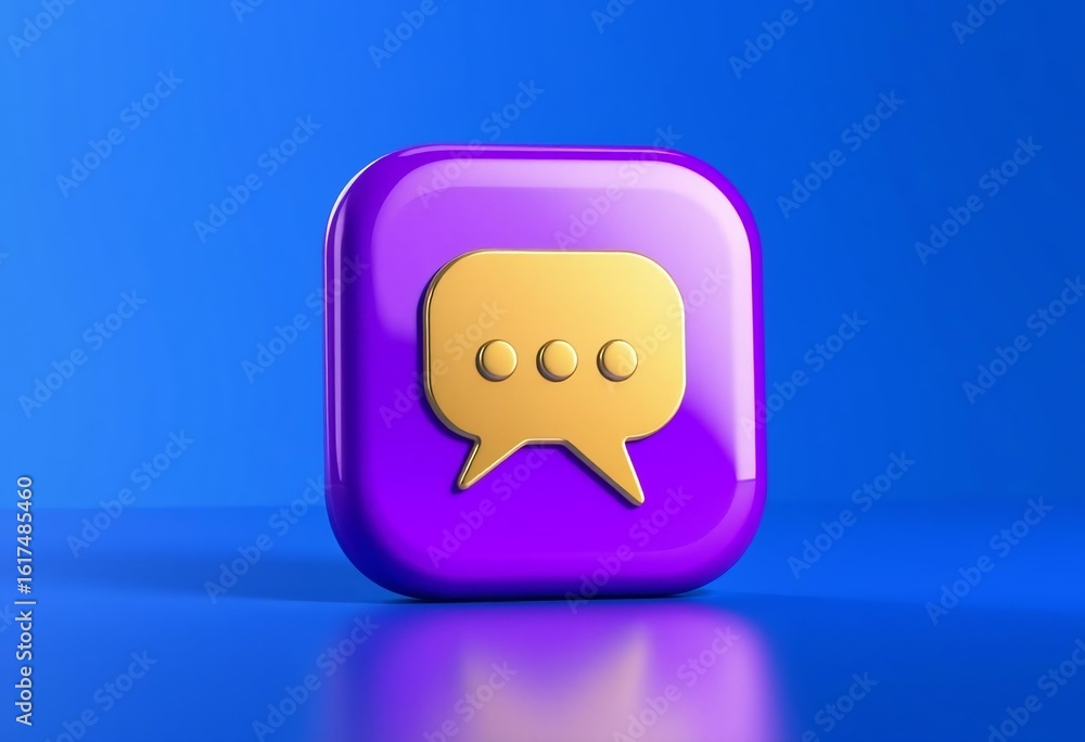 Naklejka premium Purple square with gold chat bubble icon speech bubble
