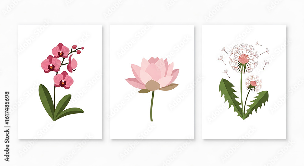 Obraz premium Pink Orchid Lotus Dandelion Flower Prints Botanical Art