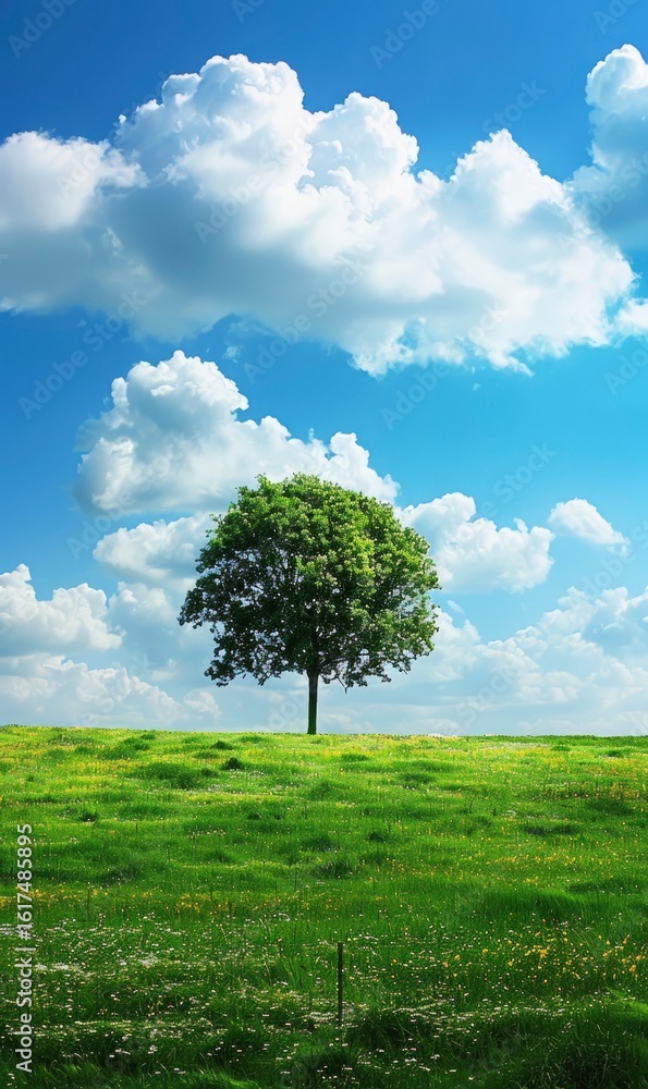 Obraz premium Solitary Tree in a Sunny Meadow, Generate AI