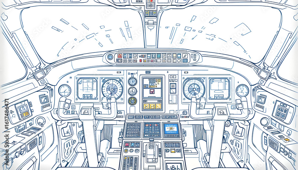Obraz premium Detailed sketch of an airplane cockpit showcasing the instrument panel design