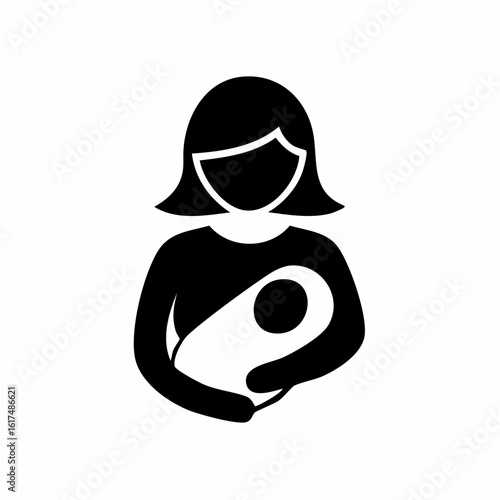 Black silhouette vector icon of a mother holding her baby to her chest while breastfeeding, clean and symbolic design