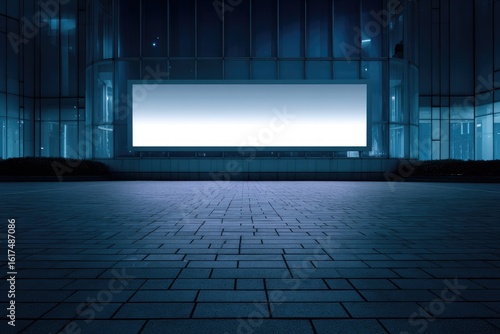 Empty billboard on a city street at night.  Modern glass building surrounds the blank advertising space.  Cool toned lighting on a paved area