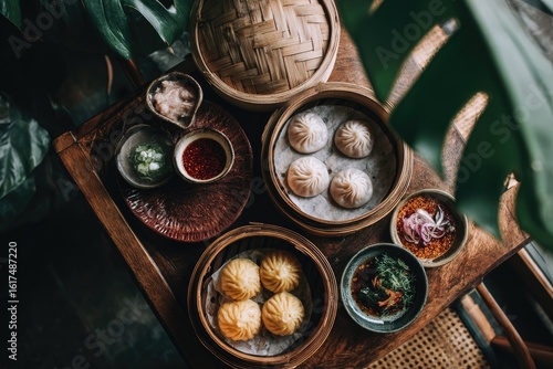Assorted dim sum in woven bamboo steamers on a wooden table, with sauces and garnishes