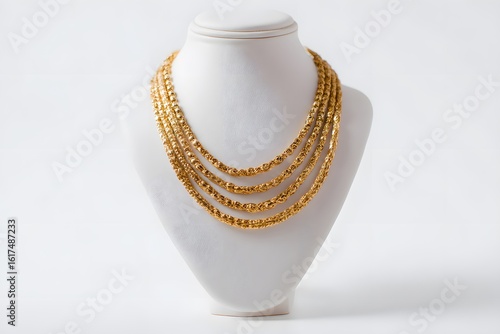 A gold necklace with multiple strands on display, against a white background. This is a product photography image, showing a front view of the necklace on a white mannequin neck.