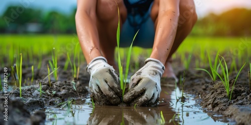Close-up of farmer's hands planting rice sprout in paddy field