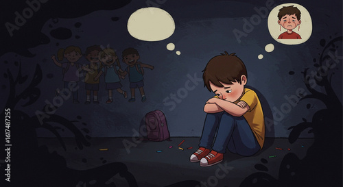 Vector illustration of a sad, lonely boy experiencing bullying and social exclusion from his peers. Concept of childhood depression and anxiety.