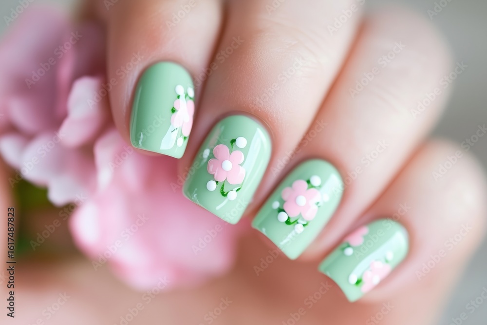 Close-up of manicured nails featuring pastel green polish adorned with delicate pink floral designs, showcasing creativity and artistry in nail art and design Close-up of manicured nails featuring pastel green polish adorned with delicate pink floral designs, showcasing creativity and artistry in nail art and design