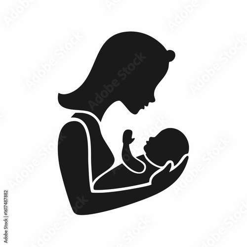 Minimalist vector icon of a breastfeeding mother in profile, black solid silhouette with clear infant placement