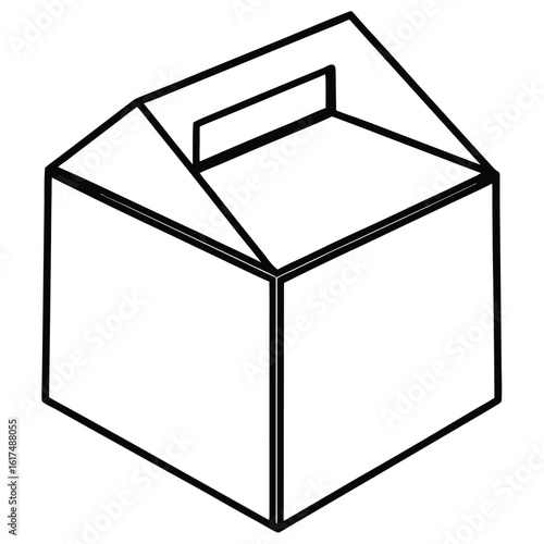 Simple isometric line drawing of a cardboard gable top box with a handle perfect for packaging and gifts