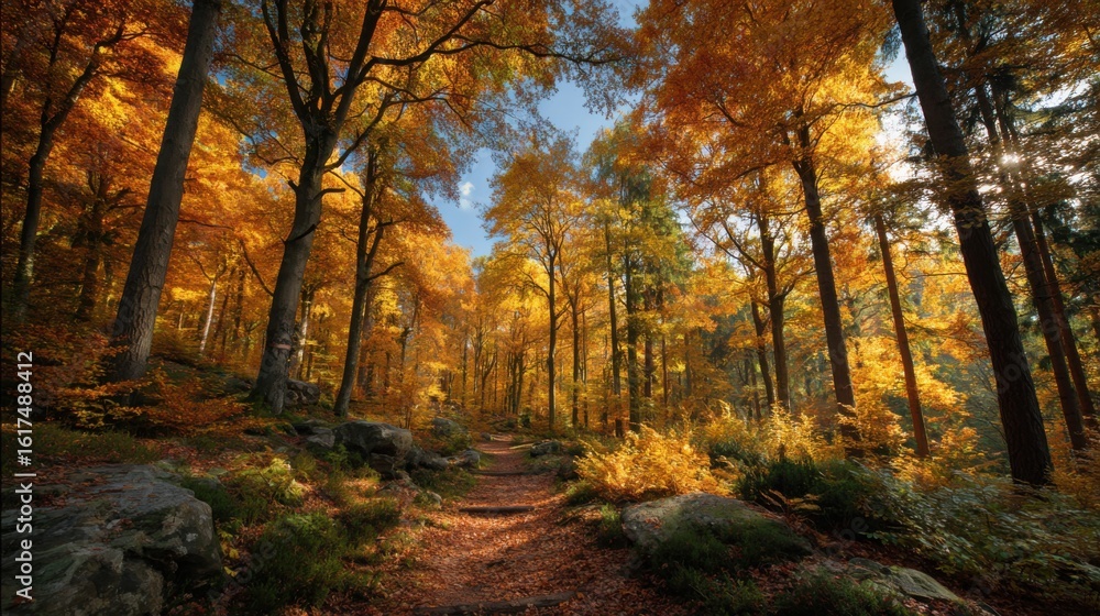 Fototapeta premium A tranquil forest pathway is surrounded by trees displaying stunning autumn foliage. Golden and orange leaves reflect sunlight, creating a serene atmosphere for hikers.