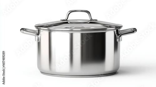 A single, high resolution 4K photorealistic image of a sleek stainless steel cooking pot with a lid, highly reflective surface, perfectly clean and isolated on a pure white background. Even soft