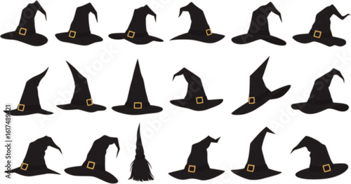 vector set of Illustration of different witch hats isolated on white
