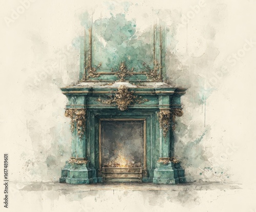 Watercolor rendering of an ornate, teal-green fireplace with gilded accents