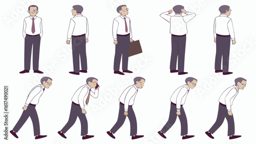 Animated business man showing various emotions and actions in an office