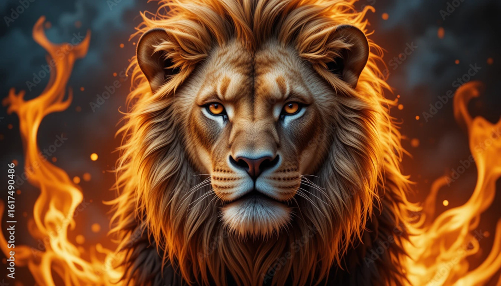 Naklejka premium Majestic Lion Portrait Surrounded by Flames and Dark Moody Background