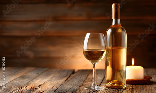 Romantic warm golden hour setting with wine bottle and glass cozy floral background intimate and elegant dining atmosphere. generative aI