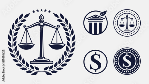A set of justice and finance icons featuring scales of justice, a classical building, and dollar signs isolated on white background