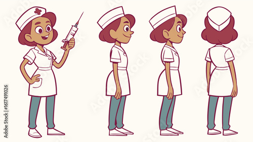 Cartoon Nurse Character with Syringe Displaying Different Angles and