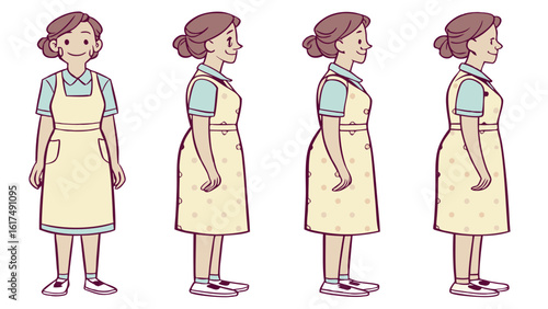 Cartoon Woman in Apron with Different Poses and Expressions in Side View