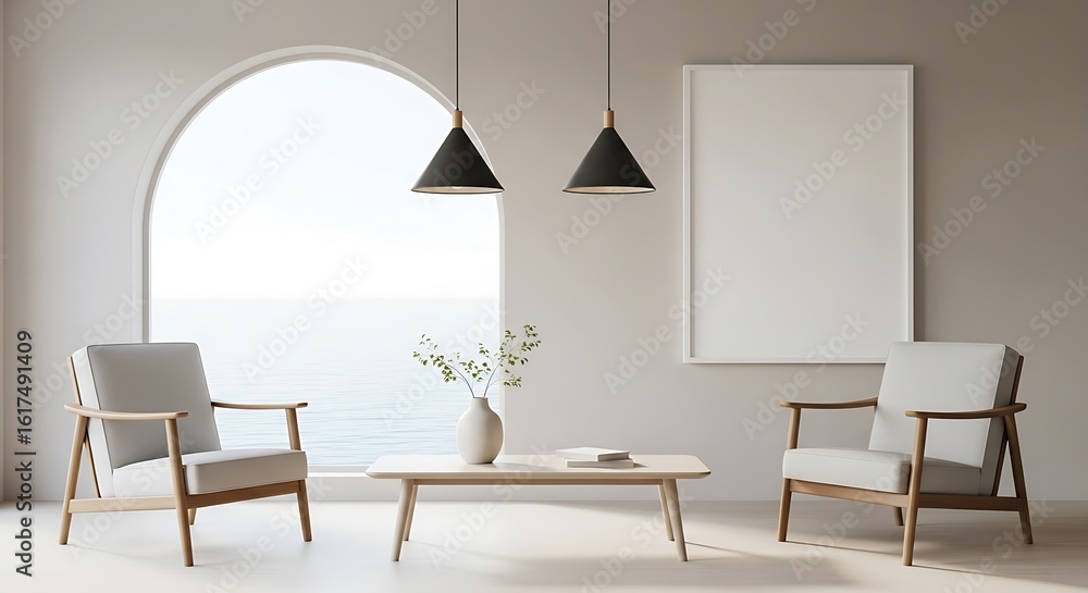Fototapeta premium Serene Living Room with Ocean View and Modern Design