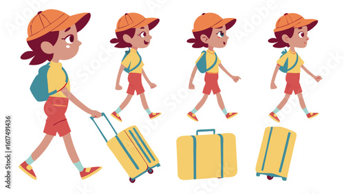 Child Carrying A Yellow Suitcase While Walking In A Playful Animated Style