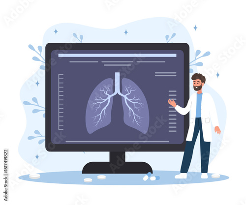 Pulmonology concept. Male doctor check X Ray scanning and fluorography. Health lungs check up. Vector illustration in flat cartoon style.
