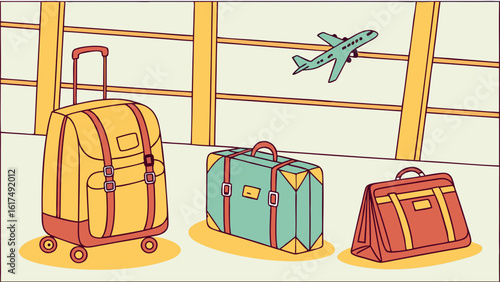 Colorful luggage collection with suitcases and an airplane above at the airport