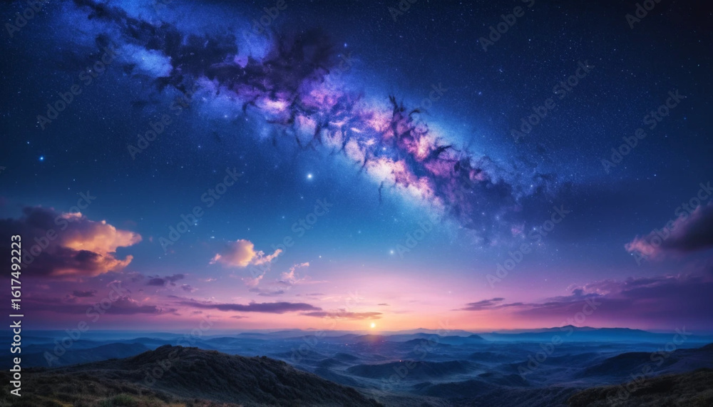 Fototapeta premium Milky Way Galaxy Over Mountain Landscape at Sunset with Starry Sky