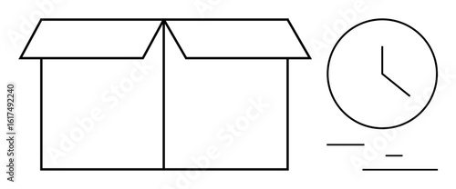 Open box with flaps alongside a clock symbolizing shipping, time efficiency, deadlines, or productivity. Ideal for logistics, delivery service, e-commerce, time tracking, organization scheduling