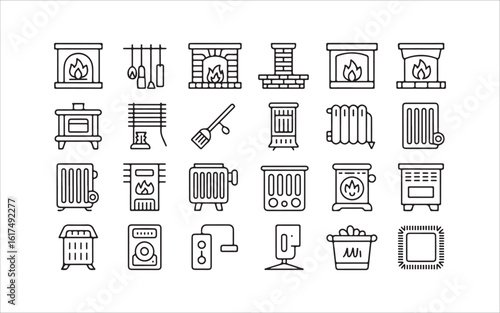 Fireplace & Heating Furniture Line Icons – Warmth and Comfort Elements for Home