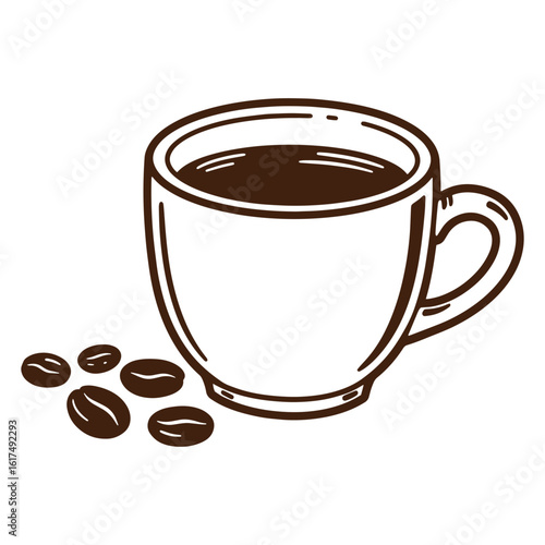 Aromatic coffee cup and coffee beans in simple line art style on white background