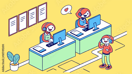 Engaging Customer Service Agents Interacting in a Colorful Office Environment