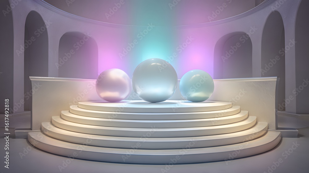 Fototapeta premium Three spheres on a tiered platform in a modern architectural setting.