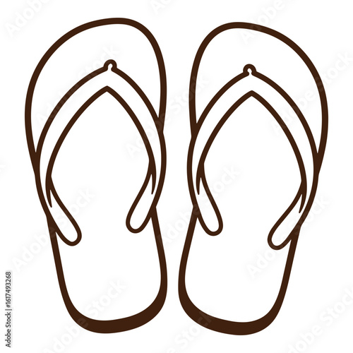 Brown outline illustration of a pair of flip flops on white background ready for summer relaxation.