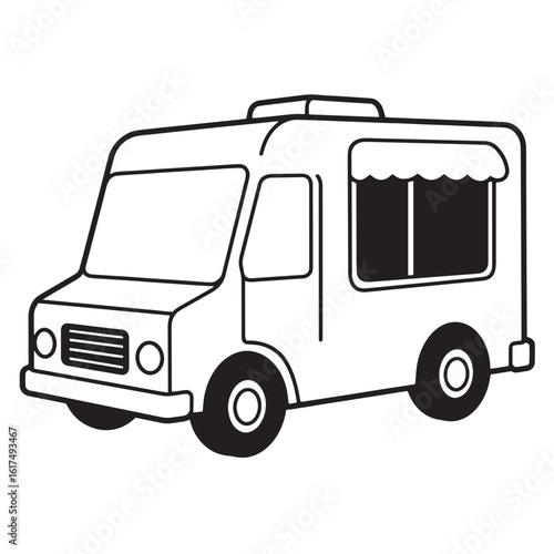 Cartoon illustration of a simple black and white food truck or catering vehicle design