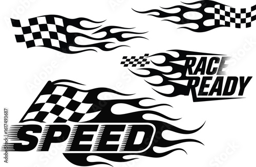 Dynamic Black and White Tribal Flame Racing Graphics with Checkered Flags and Speed Text Elements