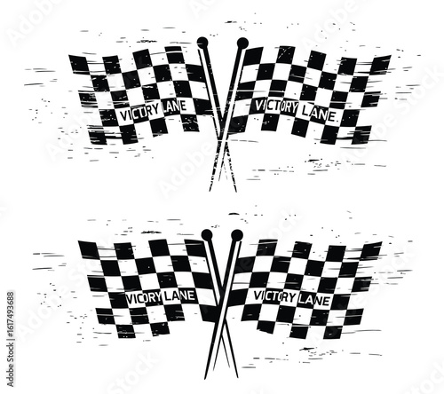 checkered racing flags with Victory Lane text. A black and white vector illustration with a grunge distress effect.