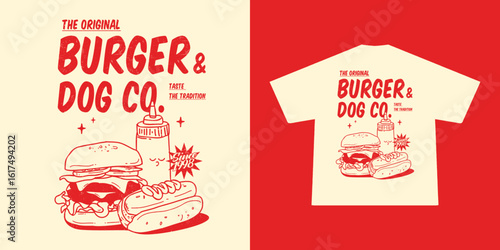 Vintage-style illustration of a juicy burger, classic hotdog, and a retro mayo bottle. Designed with bold lines, warm retro colors, and nostalgic diner vibes—perfect for t-shirt prints or posters