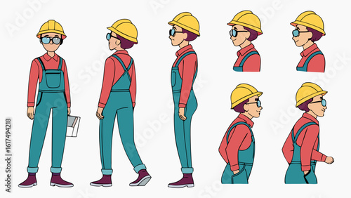 Illustration of Cartoon Construction Worker Characters in Various Poses and