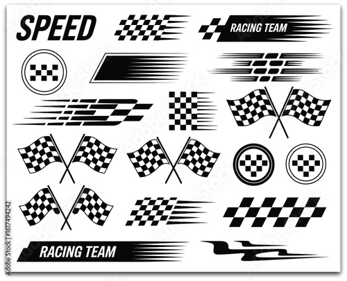 Racing car stripes bundle with track-ready decals, finish banners, racing checkered flags, and motocross-inspired type graphics for fast-paced vehicle art	