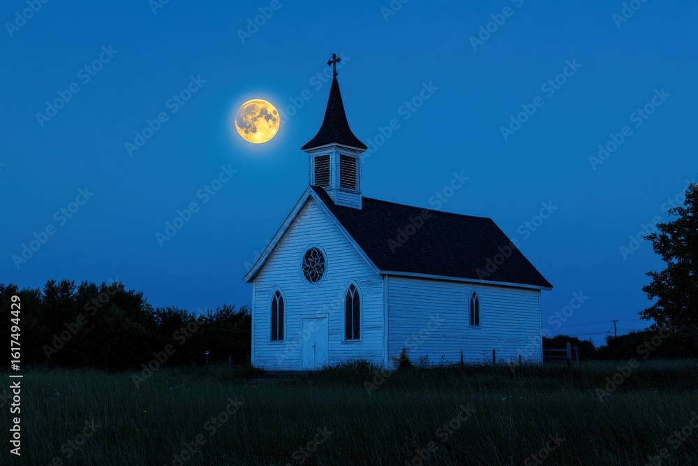 Fototapeta premium Serene Country Church Under Moonlight: A Timeless Scene Bathed in Ethereal Glow, Creating a Peaceful Night.