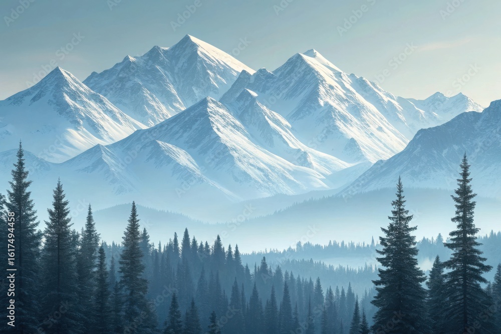 Fototapeta premium Majestic snowcapped mountains rise above a dense evergreen forest under a clear blue sky
