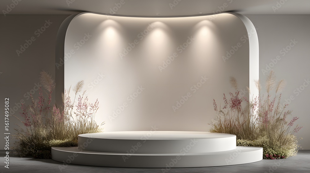 Obraz premium Empty podium with decorative plants in a modern setting.