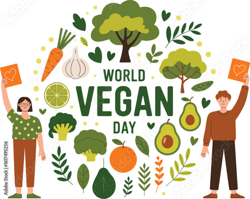A digital illustration celebrating World Vegan Day, with a man and woman surrounded by a circular arrangement of vegetables and fruits.