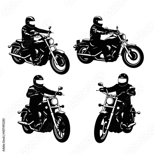 Four Silhouettes of Motorcyclists Riding Choppers