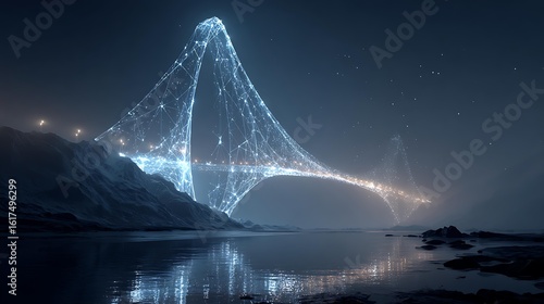 A conceptual image of a bridge made of light and data, connecting two landscapes (e.g., raw data and usable knowledge), Research and Academia Data Management and Governance