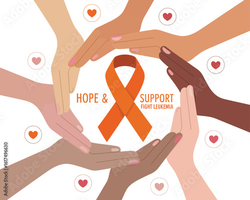 A digital illustration for leukemia awareness showing diverse hands in a circle symbolizing hope and community support with an orange ribbon.