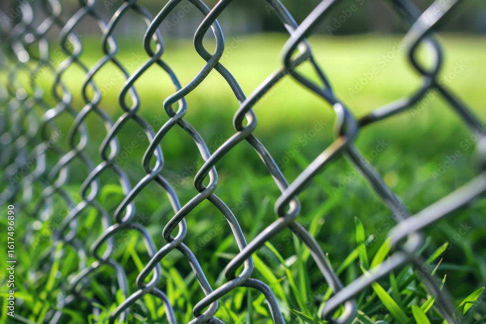 Naklejka premium metal chain link fence with green grass