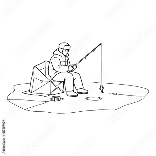 Simple black and white illustration depicting a person ice fishing on a frozen lake